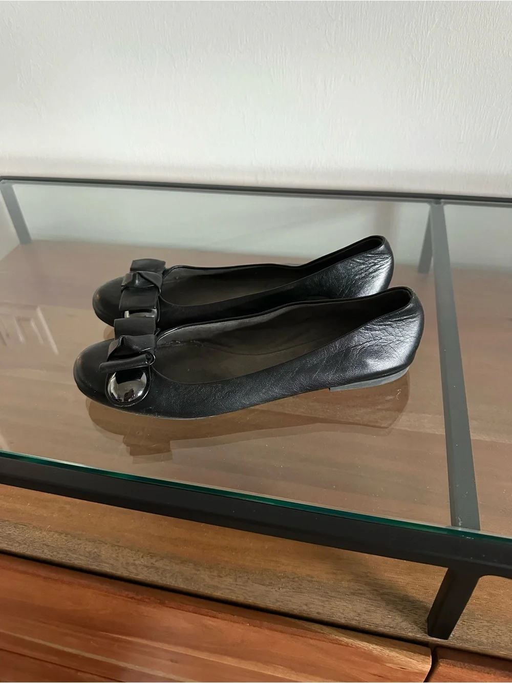 Stuart Weitzman Black Leather Bow Ballet Flats Silver Hardware Balletcore 10